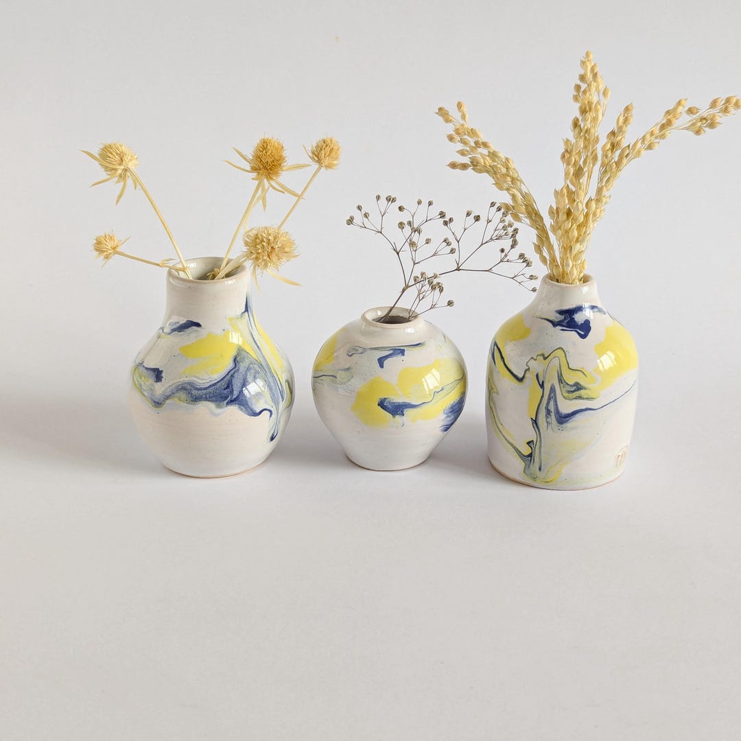 Mini Ceramic Bud Vase Set of 3: Yellow & Blue Pottery, Handmade Home ...
