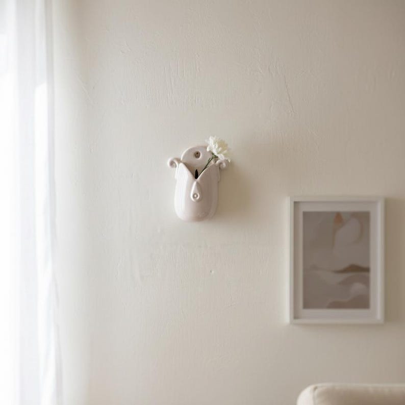 Handmade Ceramic Wall Vase - Unique White Hanging Planter image 10