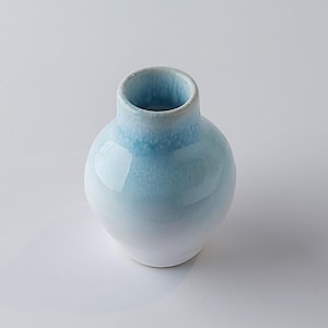 Può includere: Un piccolo vaso rotondo in ceramica con una sfumatura azzurra e bianca. Il vaso ha un collo stretto e un corpo ampio e arrotondato. Il colore passa da un bianco brillante alla base a un blu tenue nella parte superiore.