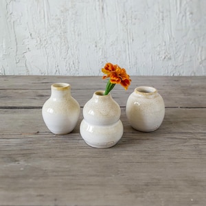 May include: Three small white ceramic vases with a speckled glaze. One vase holds a single orange flower.