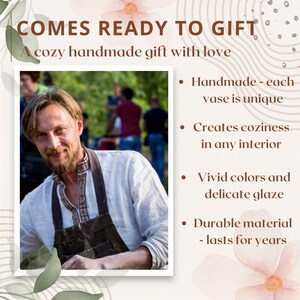 May include: An image with the text "COMES READY TO GIFT" and "A cozy handmade gift with love." A man in an apron is pictured. Bullet points describe the product as handmade, creating coziness, with vivid colours, delicate glaze, and durable material.