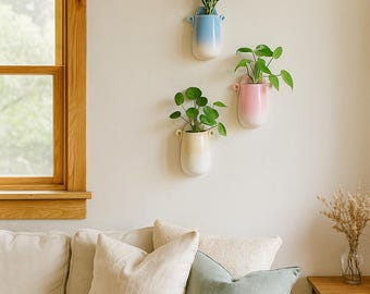 Handmade Ceramic Wall Planter Set: Pastel Blue, Pink & Beige Vases