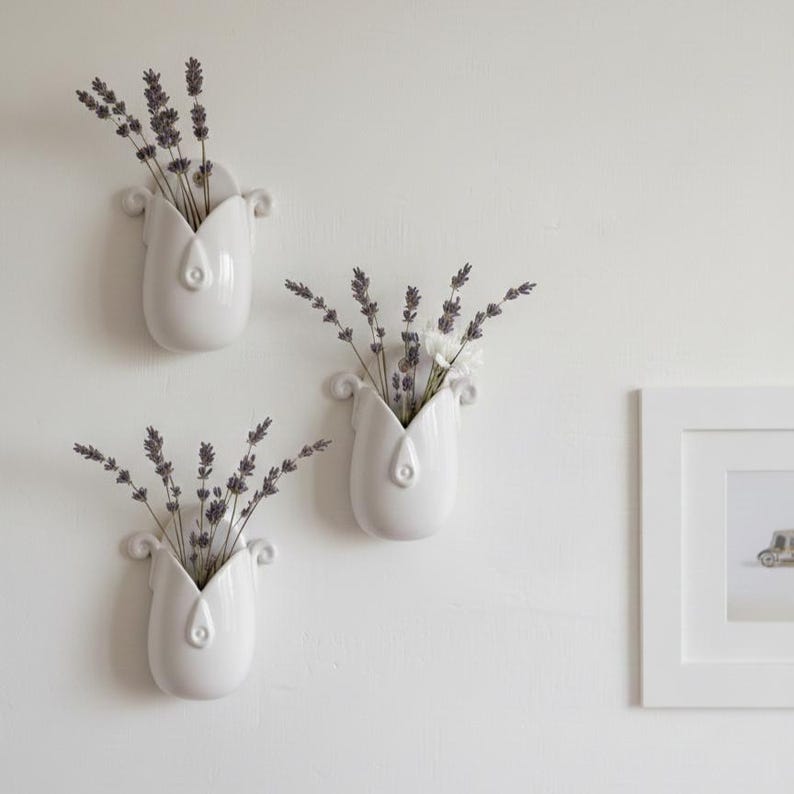 Handmade Ceramic Wall Vase - Unique White Hanging Planter set of 3