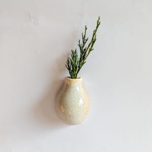 May include: A small, beige ceramic vase with a narrow neck and rounded body, holding a sprig of green foliage. The vase has a textured surface and a light brown rim. The overall aesthetic is minimalist and natural.