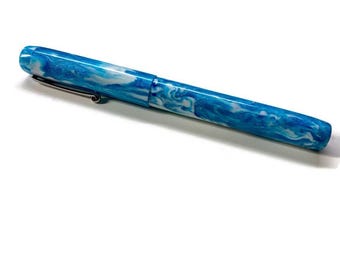 Ocean Blue & White DiamondCast w/Clip | Acadia Model | Custom Handmade Fountain Pen