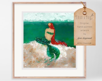 Mermaid Art - Red Mermaid On a Rock Wall Decor for Nursery and Kids Room, Ariel Art, Framed Art, 8x10, 11x14 - "Part of Their World"