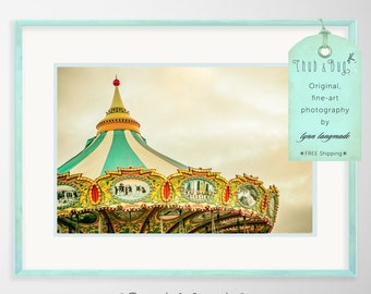 Nursery Carousel Print - yellow blue carnival wall art 5x7 gender neutral nursery decor 8x10 beach boardwalk art 11x14 "Round & Round"