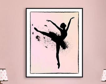 Ballerina Nursery - girls room decor 11x14 ballerina silhouette 16x20 pink and black paris theme room 8x10 baby girl shower 5x7 "Arabesque""