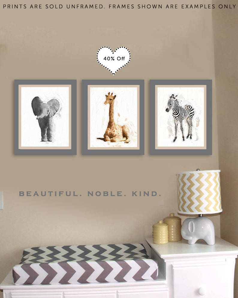 Nursery Animal Print Set 3 Animal Prints Watercolor 11x14 Elephant