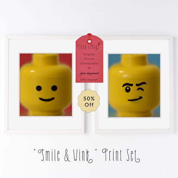 Lego Photo Set 2 Prints Lego Figure Smile Wink Smiling Red Blue