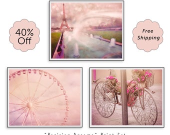 Pink Paris Nursery Print Set - 3 prints 8x10 bicycle ferris wheel eiffel tower 16x20 baby girl room decor 11x14 paris whimsical art