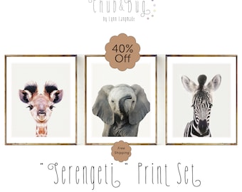 Safari Nursery Animals Print Set - 3 Minimalist Baby Animals Prints Watercolor - Elephant Giraffe Zebra Safari Animal Prints