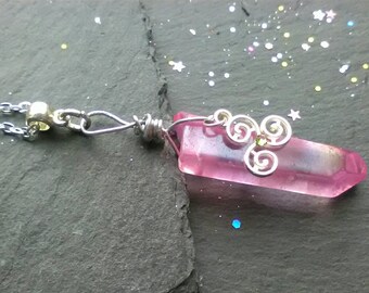 Pink Angel Aura Quartz with Triskelion, Aura Quartz Necklace, Wire Wrapped, Angel Aura Necklace, Quartz Necklace, Pink Stone Necklace