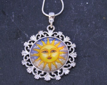 Sun necklace with Sterling Silver Chain, Boho Chic Necklace, Vintage Sun Necklace, Art Glass Cabochon Necklace, Sun necklace