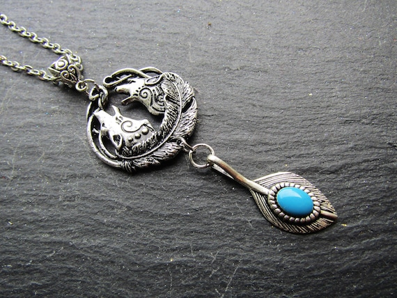 Tribal Wolf Necklace With Feather - Native American Wolf Pendant Tribal Wolf Necklace With Feather - Native American Wolf Pendant