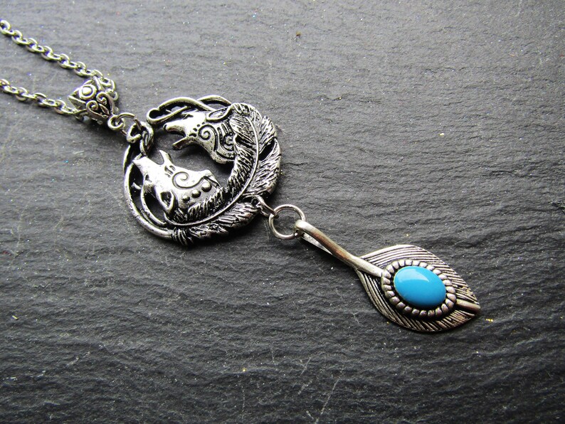 Tribal Wolf Necklace With Feather - Native American Wolf Pendant Tribal Wolf Necklace With Feather - Native American Wolf Pendant