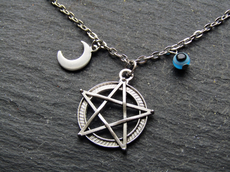 Wicca Necklace Pentacle Pendant Evil Eye Necklace Pentacle Necklace Pentagram Necklace Pentacle Necklace with Evel Eye and Moon