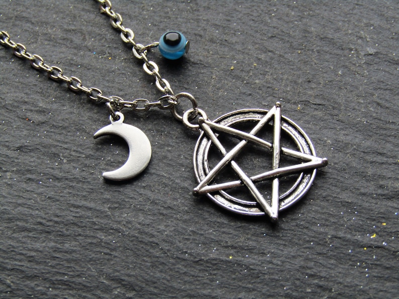 Wicca Necklace Pentacle Pendant Evil Eye Necklace Pentacle Necklace Pentagram Necklace Pentacle Necklace with Evel Eye and Moon