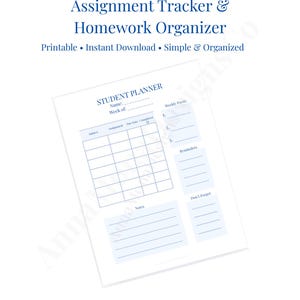 May include: A printable student weekly planner with assignment tracker and homework organizer. The planner includes sections for subject, assignment, due date, and completion status. Additional sections include weekly focus, reminders, and notes. The text reads: "Student Weekly Planner - Assignment Tracker & Homework Organizer."