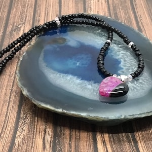 Rose quartz adjustable heart pendant beaded necklace handmade