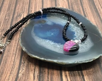 Rose quartz adjustable heart pendant beaded necklace handmade