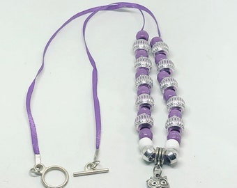 Purple Owl charm and ribbon pony bead necklace, handmade