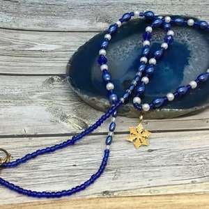 Handmade Pearl Necklace: Blue & White Beads with Gold Snowflake Charm