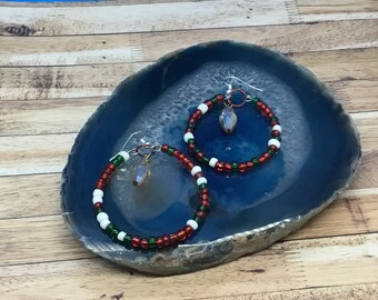 Christmas multi color seed bead hoop earrings, handmade