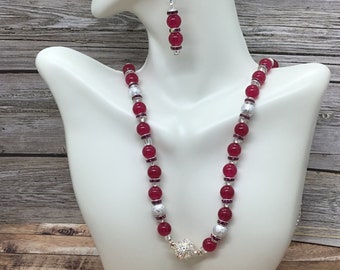 Ruby red rhinestone bead necklace and earrings jewelry set, handmade