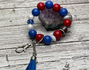 Giants Fan Beaded Wristlet Keychain: Red, White & Blue Tassel
