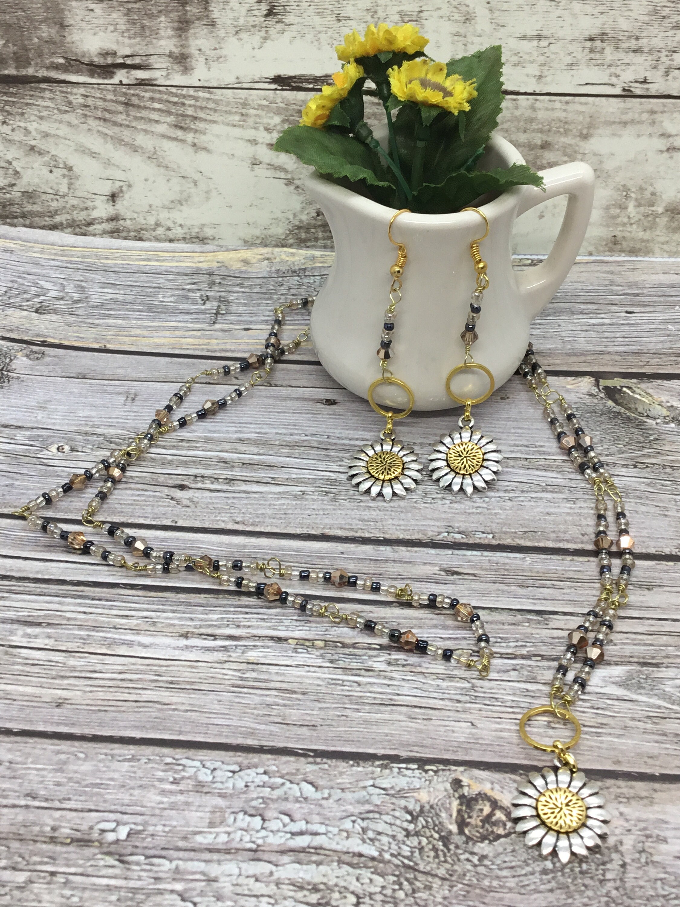 FDEETY Parure Bijoux Fleur Femme - Collier Pendentif Floral + Boucles D’Oreilles Pompons Perlés + Bague - Acier Inoxydable Anti-Allergie