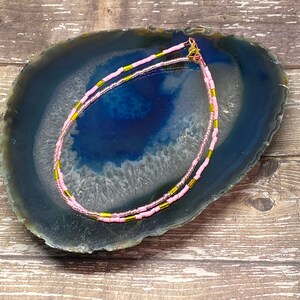 Handmade Pink Beaded Anklet: Gold Bugle Beads, Multi Layer