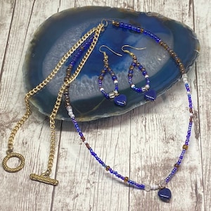 Lapis Lazuli Heart Jewelry Set: Beaded Necklace and Hoop Earrings