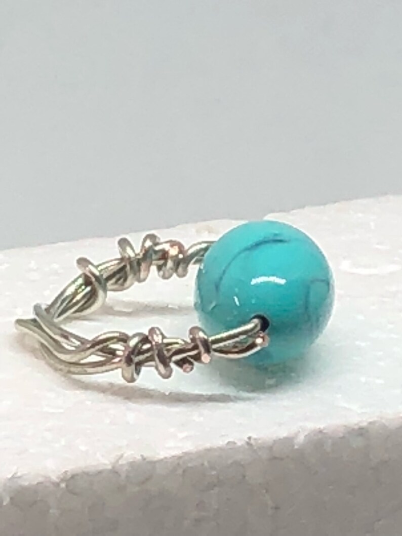 Blue turquoise robins egg twisted silver wrap tropical beach boho style beaded ring handmade