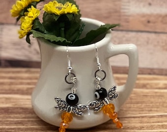 Orange dragonfly bead earrings, handmade