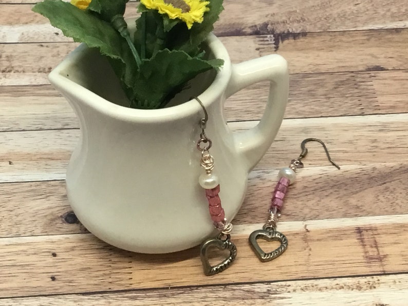 heart earrings Valentine\u2019s Day Pink beaded earrings womans earrings handmade
