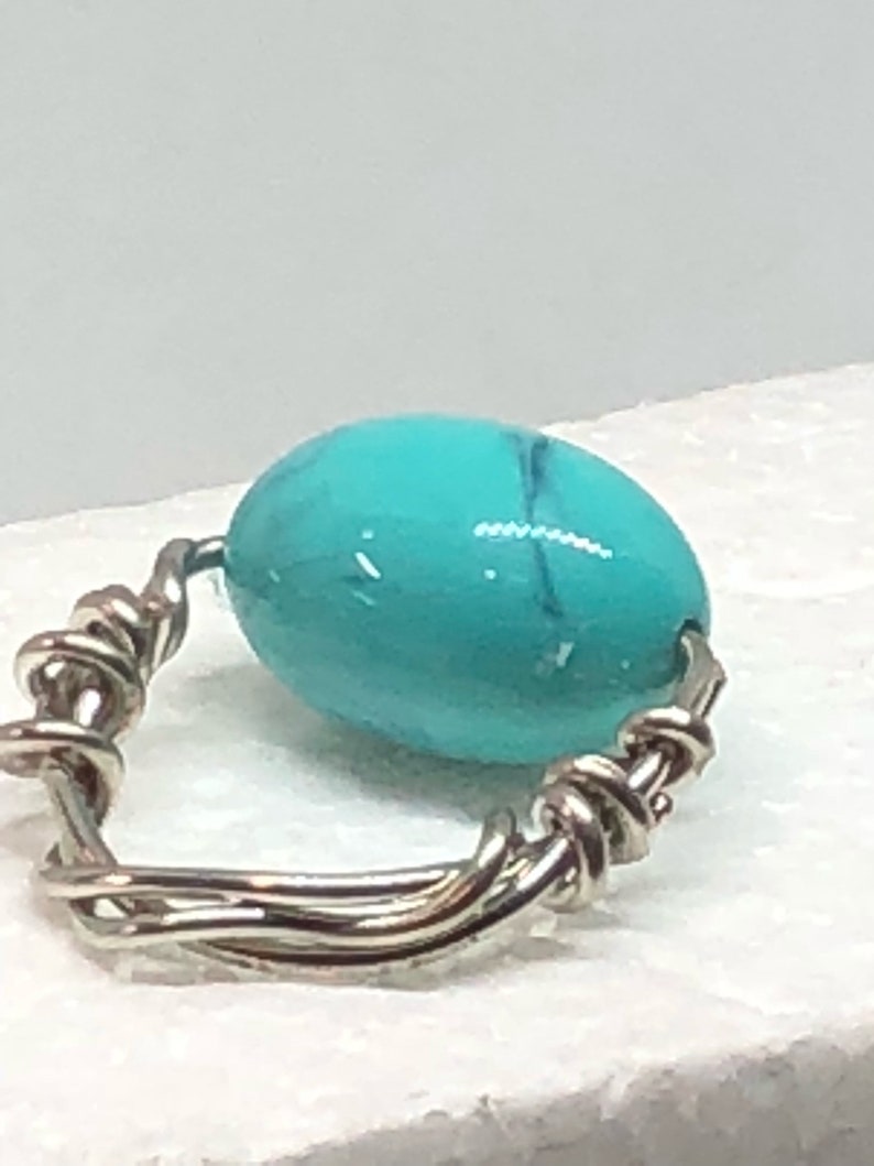 Blue turquoise robins egg twisted silver wrap tropical beach boho style beaded ring handmade