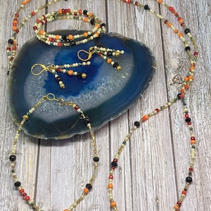 Fall color inspired 5 piece beaded matching jewelry set, necklace, bracelet, earrings and anklet
