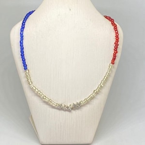 Handmade Patriotic Beaded Necklace: Red, White, and Blue with Star Accent