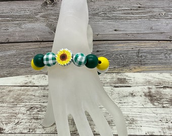 Sunflower plaid chunky wood bead bracelet, handmade