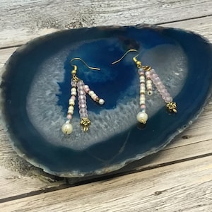 Pearl and seed bead petite layered dangle earrings, handmade earrings