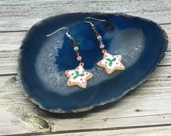 Christmas star cookie beaded earrings, handmade