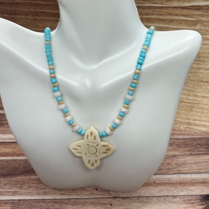 Turquoise cross pendant bead necklace, handmade