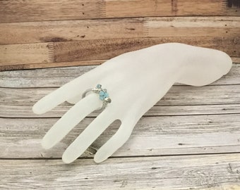 Turquoise cluster silver wire beaded ring, handmade