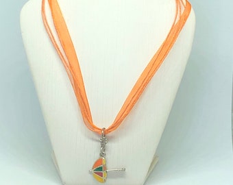 Rainbow umbrella adjustable ribbon and hemp beaded charm necklace, handmade