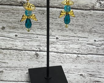 Aquamarine Angel Earrings: Beaded Holiday Jewelry, Handmade