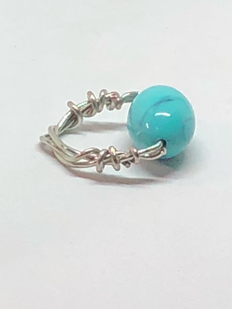 Blue turquoise robins egg twisted silver wrap tropical beach boho style beaded ring handmade