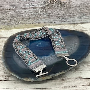 Handmade Seed Bead Bracelet: Grey, Turquoise & Lavender Weaved Bracelet