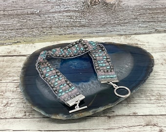 Bracelet de perles de rocaille fait main : bracelet tressé gris, turquoise et lavande