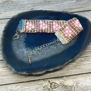 Handmade Pink Seed Bead Bracelet: Woven Silver Adjustable Jewelry